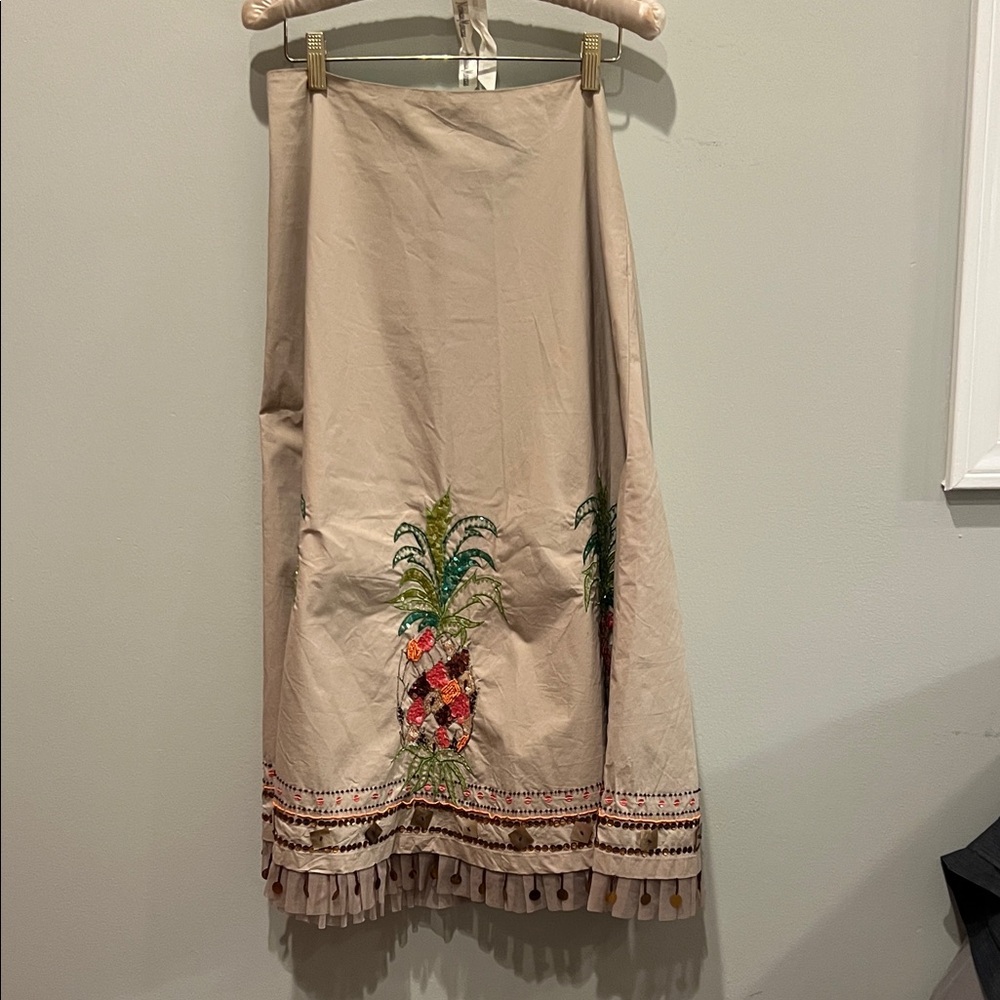 Boho Embroidered Midi Skirt with Tassel Hem, Sequins
